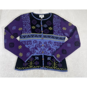 Alpaca Imports Women's Cardigan Sweater Size Lg. Wool Blend Purple Black Charity